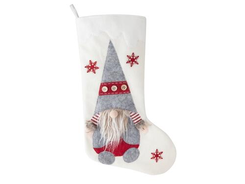 Vianočná dekorácia - Biela ponožka s 3D šedným škriatkom, 50 cm